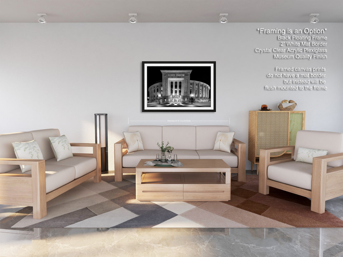 a modern living room with a large black and white photograph of a building on the wall, a wooden coffee table, two white sofas, and a wooden side table.