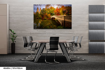 a modern office space with a large, colorful painting of a scenic bridge and trees hanging on the wall above a conference table with chairs.