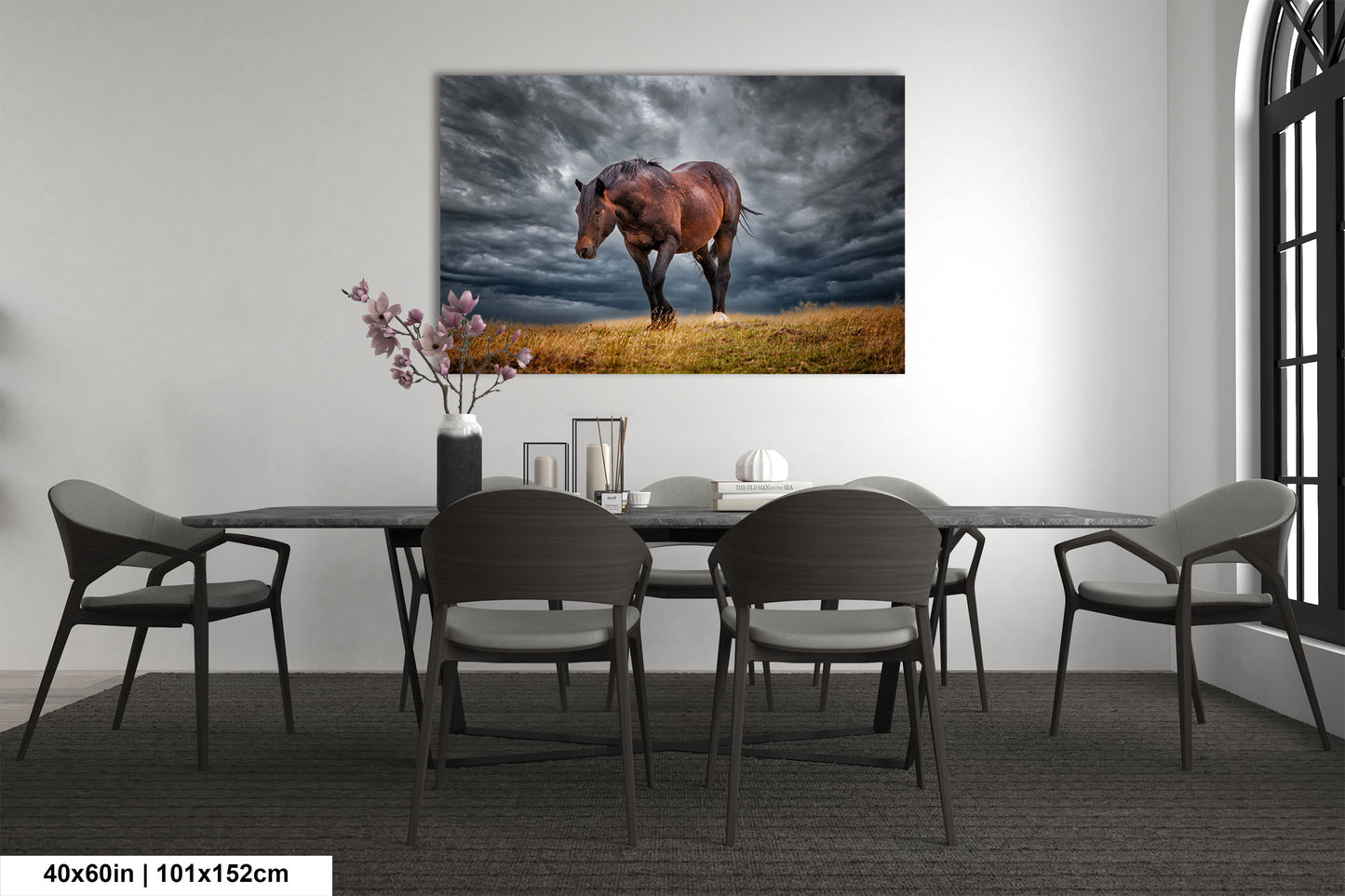 a painting of a horse on the wall of a dining room