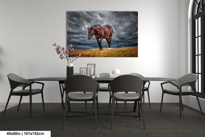 a painting of a horse on the wall of a dining room