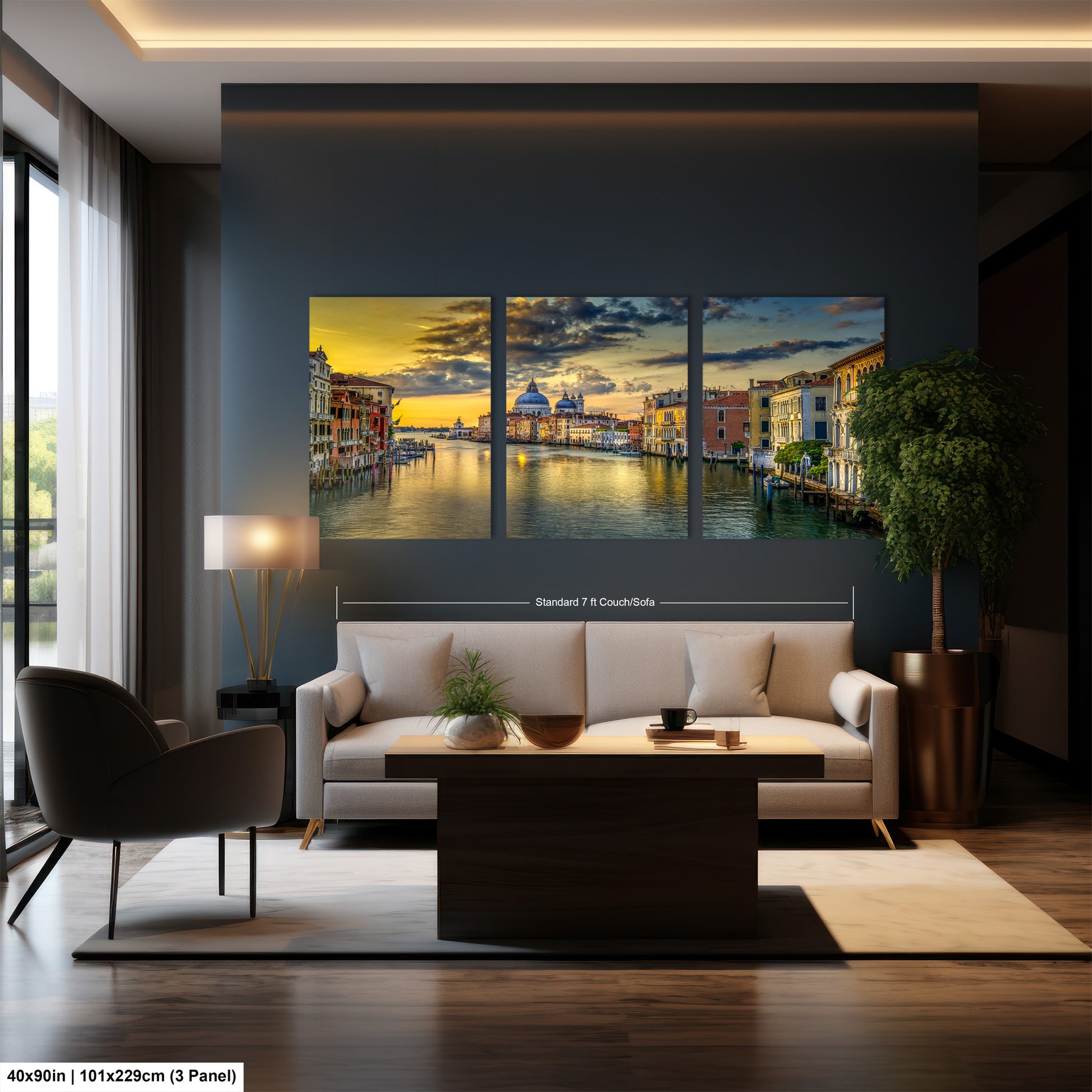 a living room with a couch and a painting on the wall