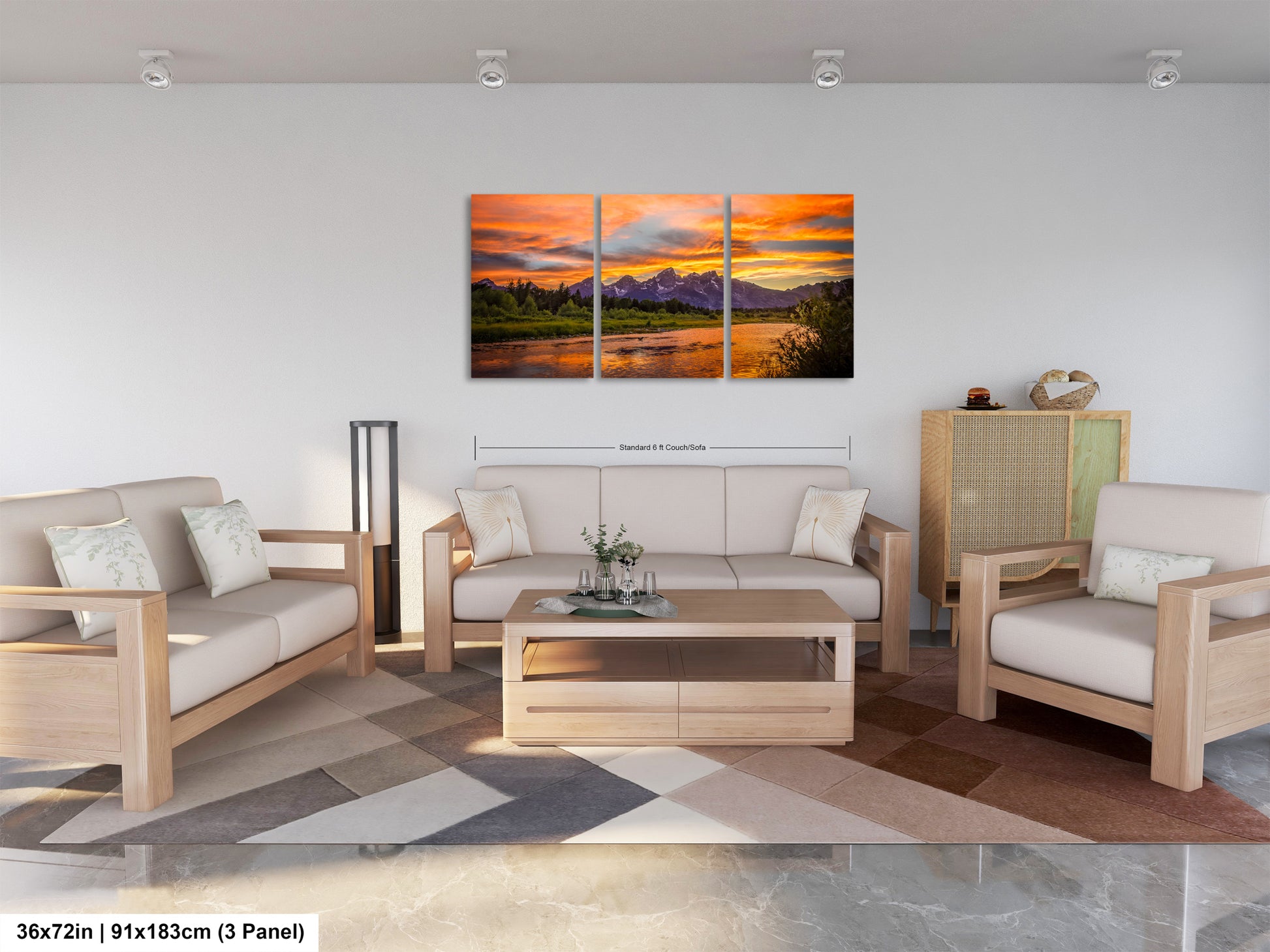 a living room filled with furniture and a painting on the wall