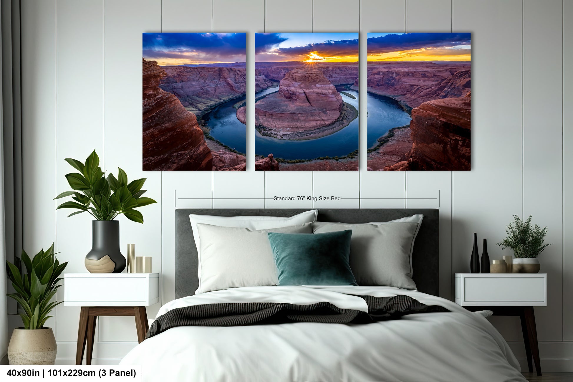a bed room with a neatly made bed and three pictures on the wall