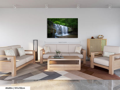 a living room filled with furniture and a waterfall