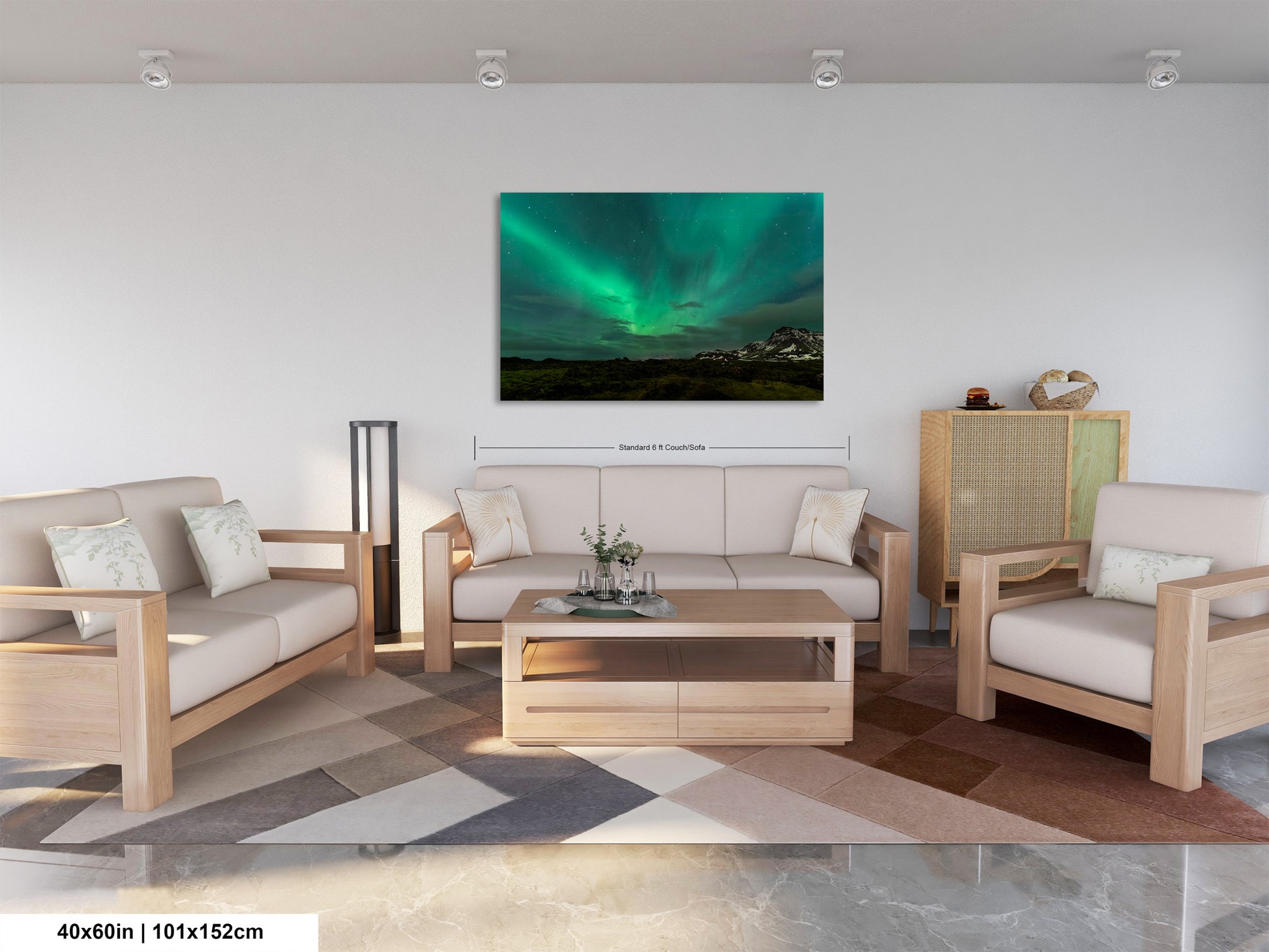 a living room filled with furniture and a painting on the wall