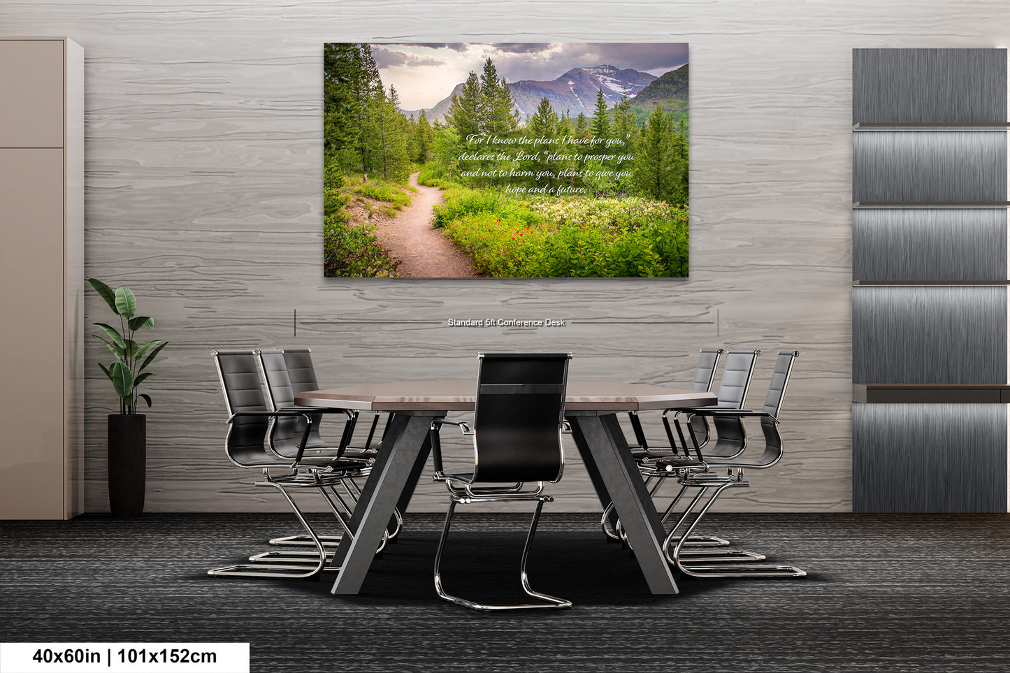 a dining room table with chairs and a picture on the wall