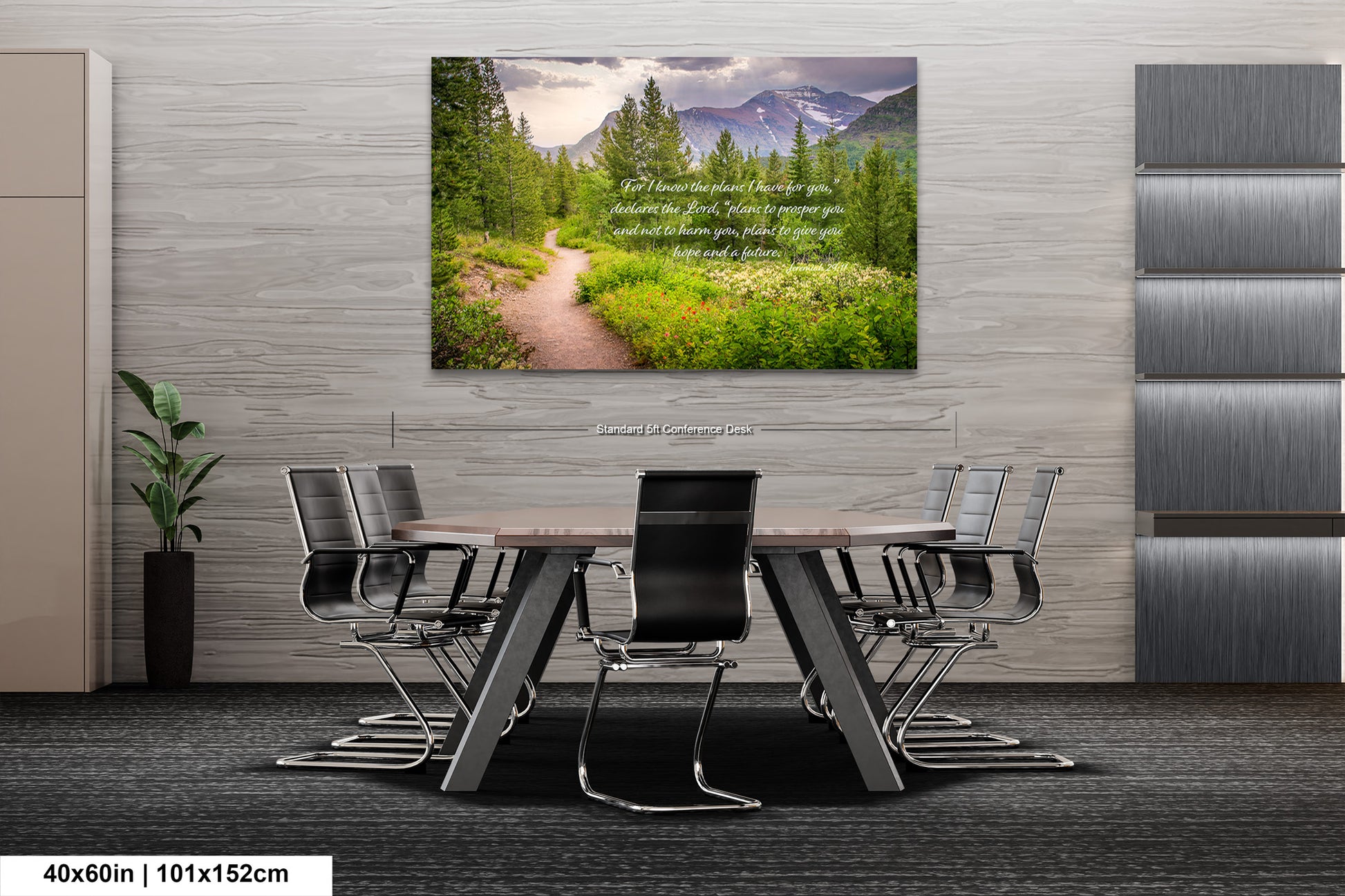 a dining room table with chairs and a picture on the wall