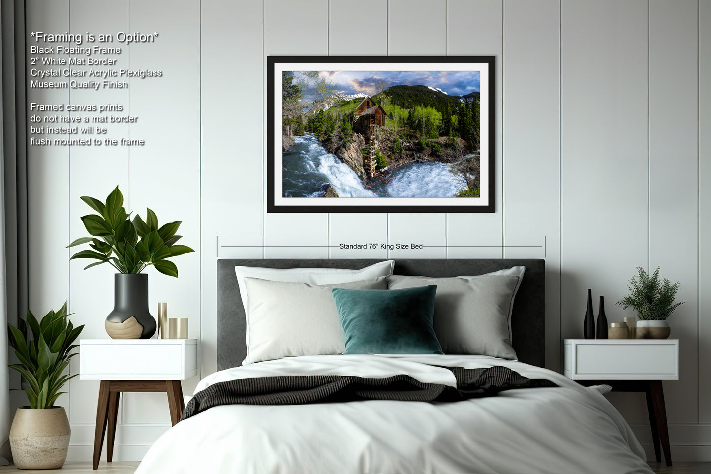a bedroom with a large bed and a painting on the wall
