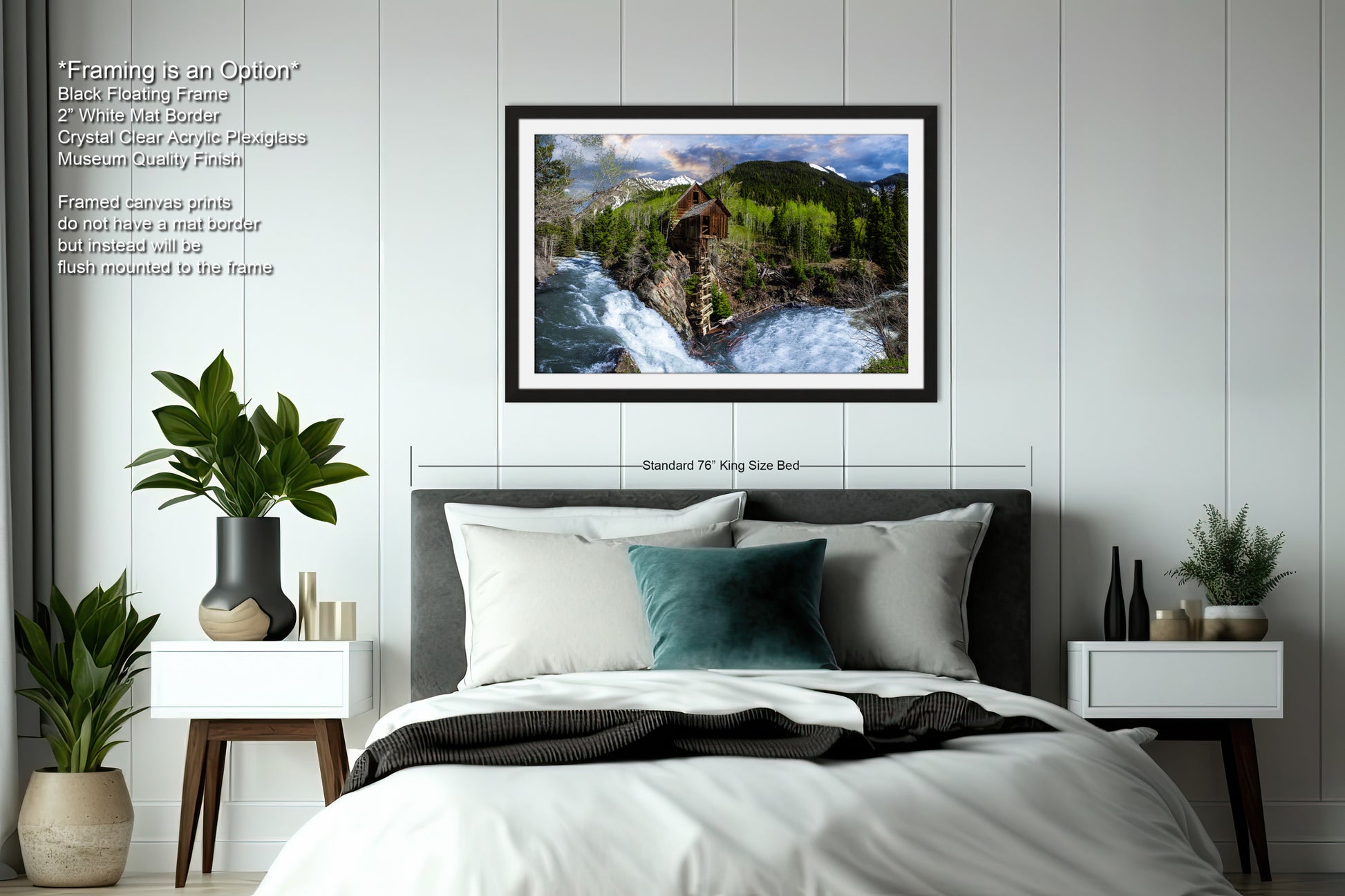 a bedroom with a large bed and a painting on the wall