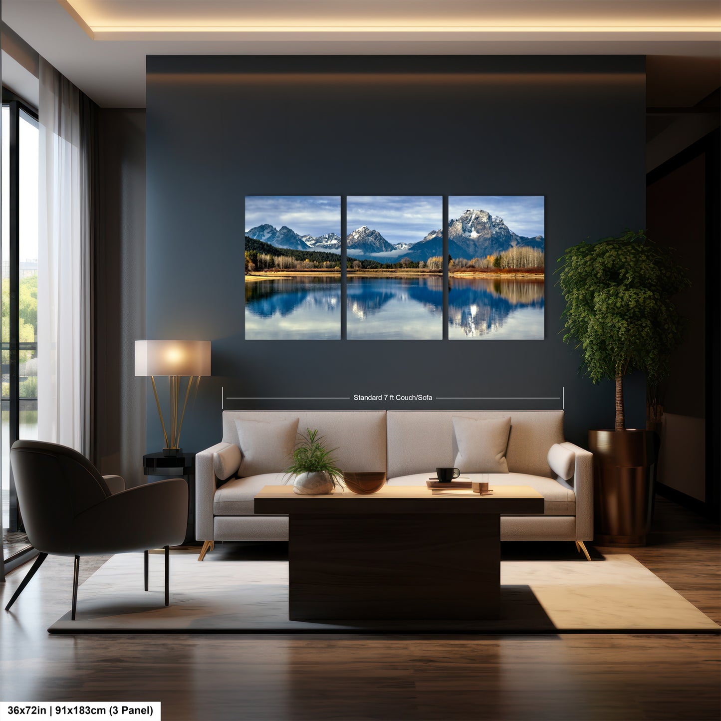 A modern living room with a large wall-mounted landscape painting depicting a serene mountain lake scene.