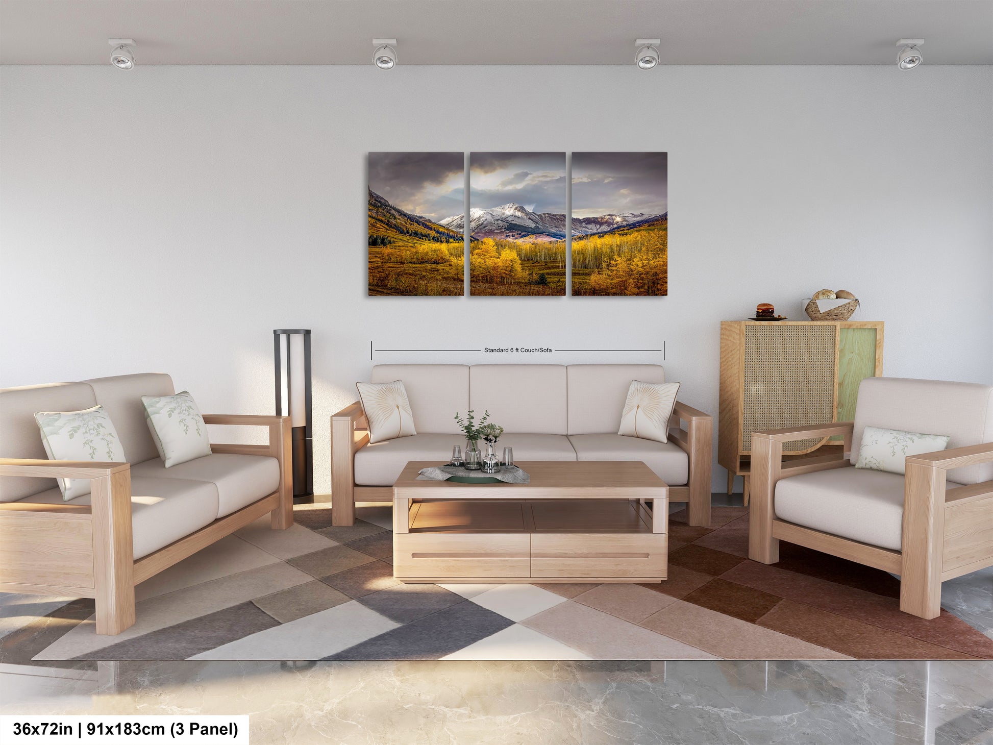 a living room filled with furniture and a painting on the wall