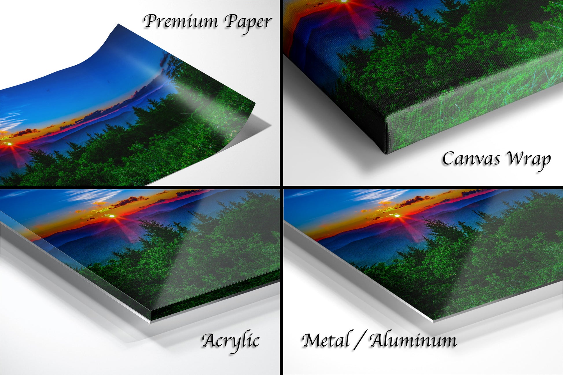 a series of four images of a forest at sunset