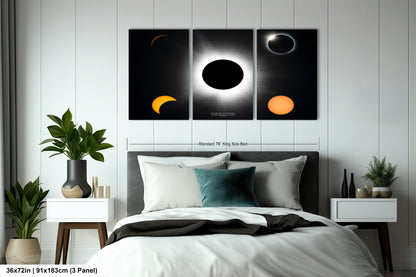 a bedroom with a bed and two paintings on the wall