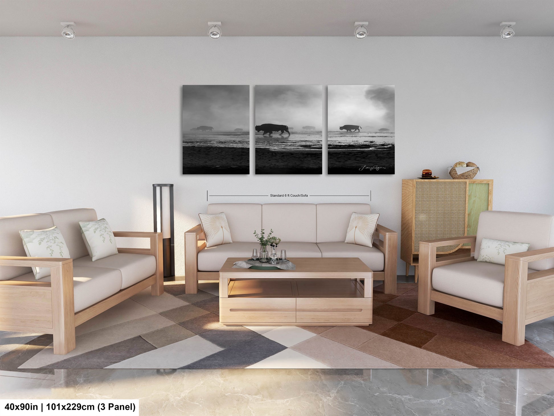a living room filled with furniture and a painting on the wall
