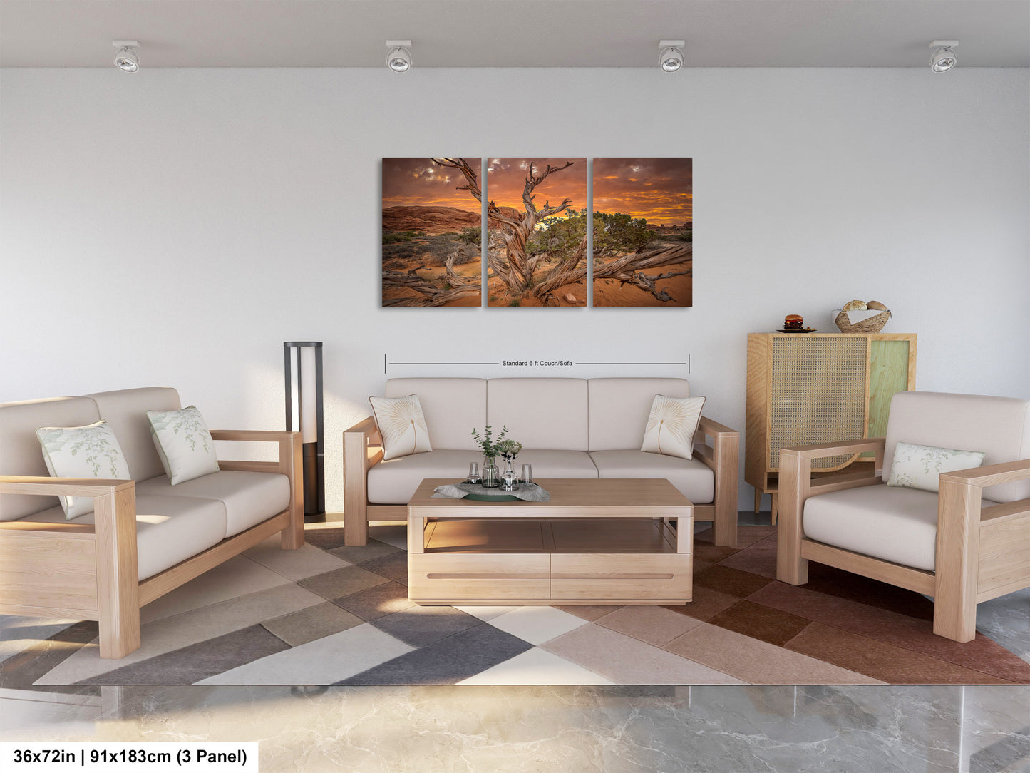 a living room filled with furniture and a painting on the wall