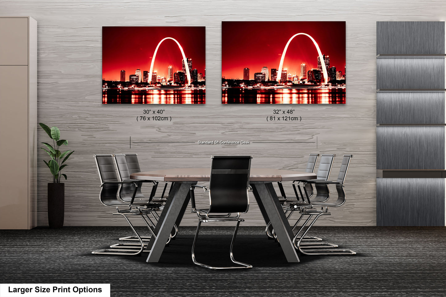 a dining room table with chairs and a picture of the st louis skyline