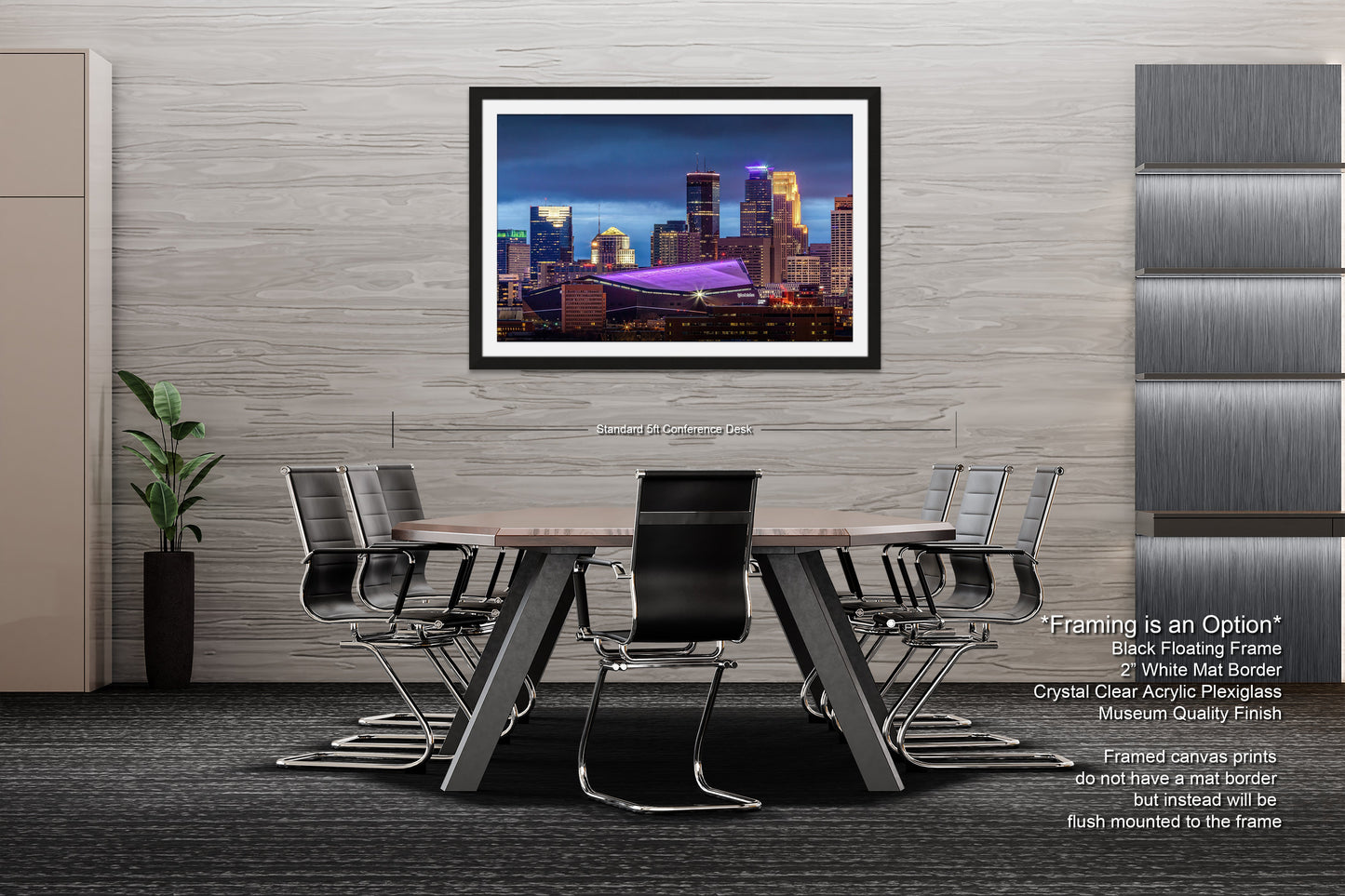 a dining room table with a picture of a city in the background