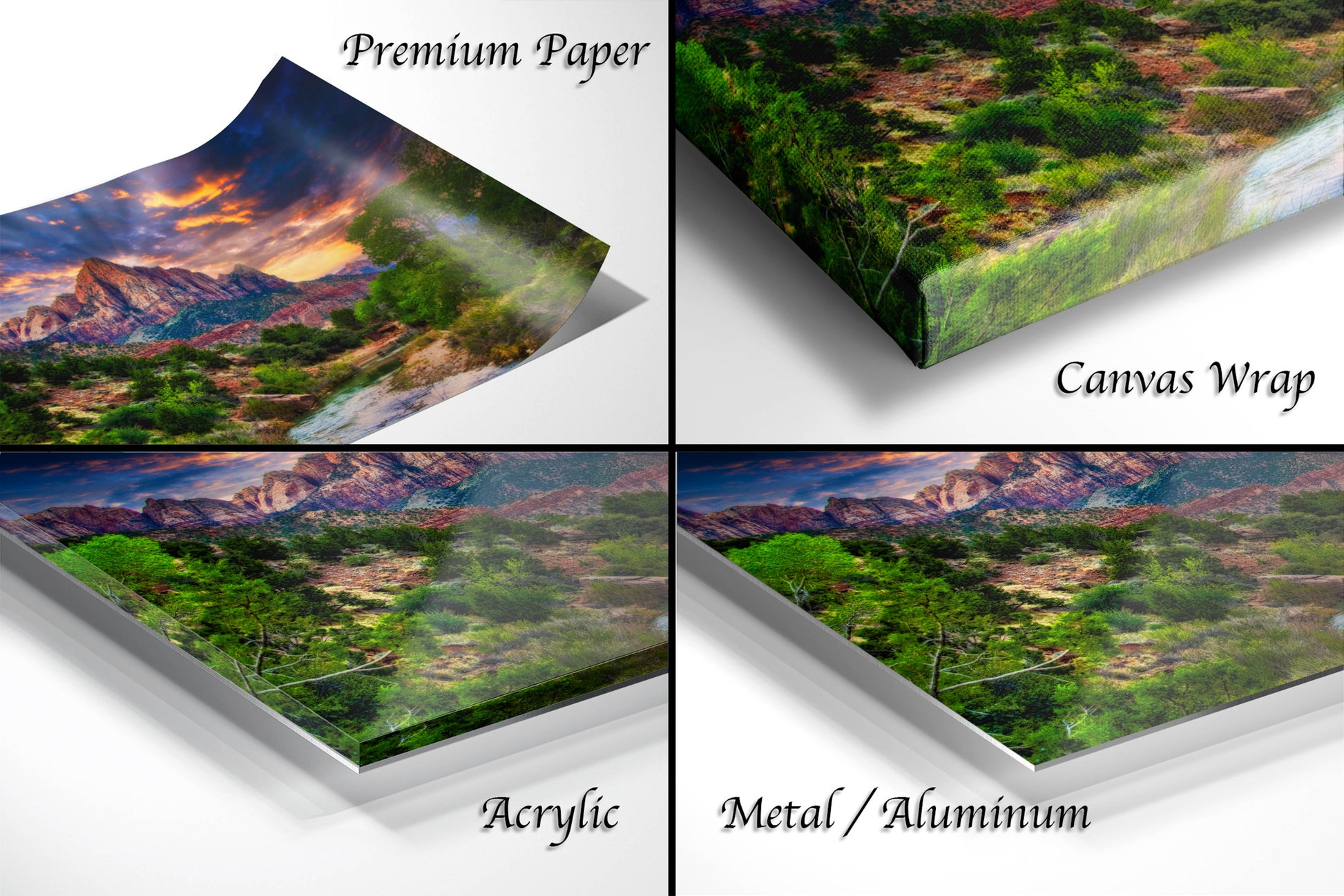 a series of four images of a scenic landscape