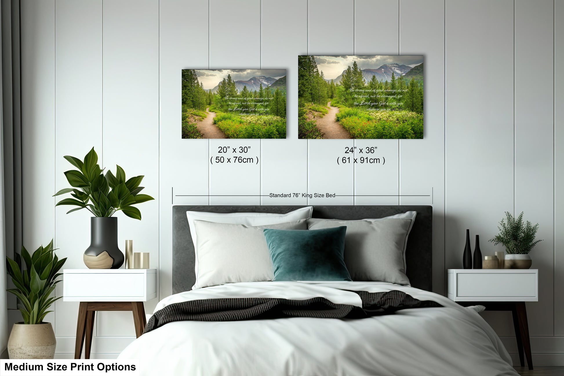 a bed room with a neatly made bed and two pictures on the wall