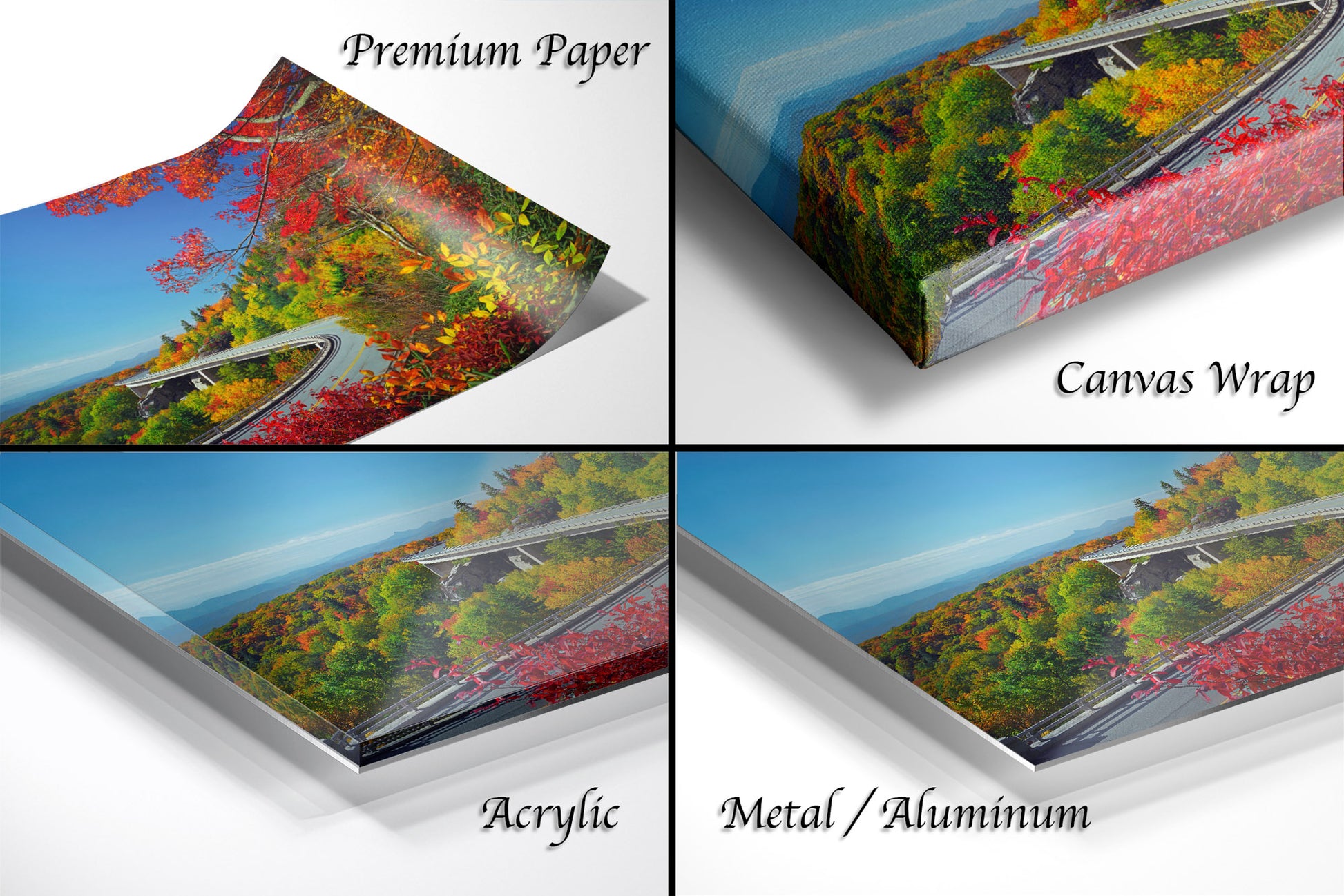 a series of four images of a scenic road