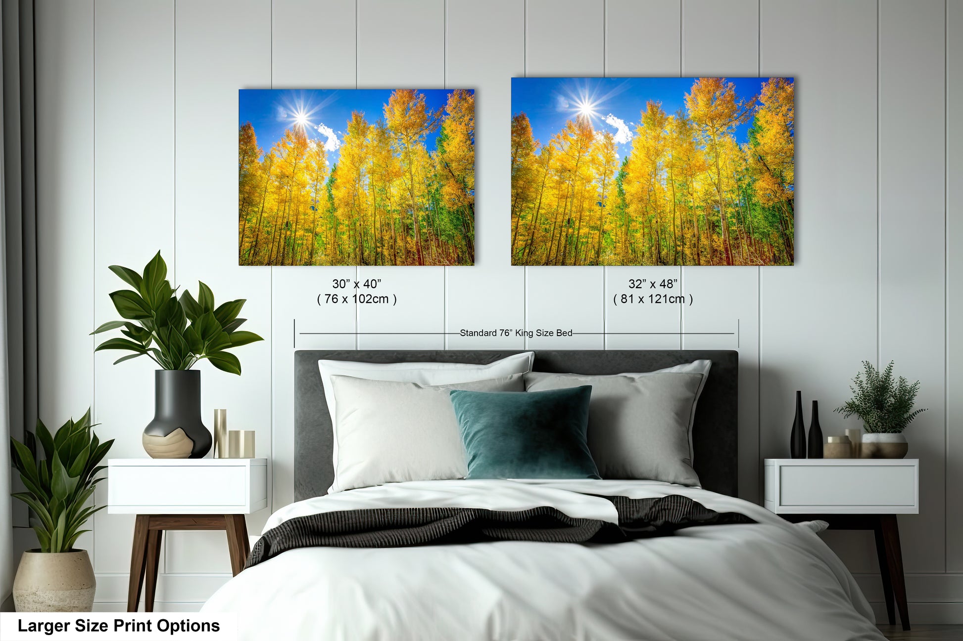 a bedroom with a bed and two pictures on the wall