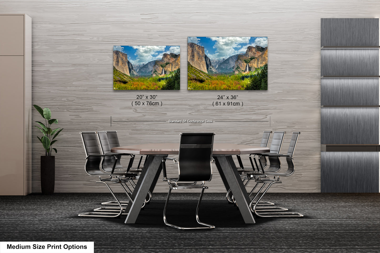 a dining room table with chairs and two pictures on the wall