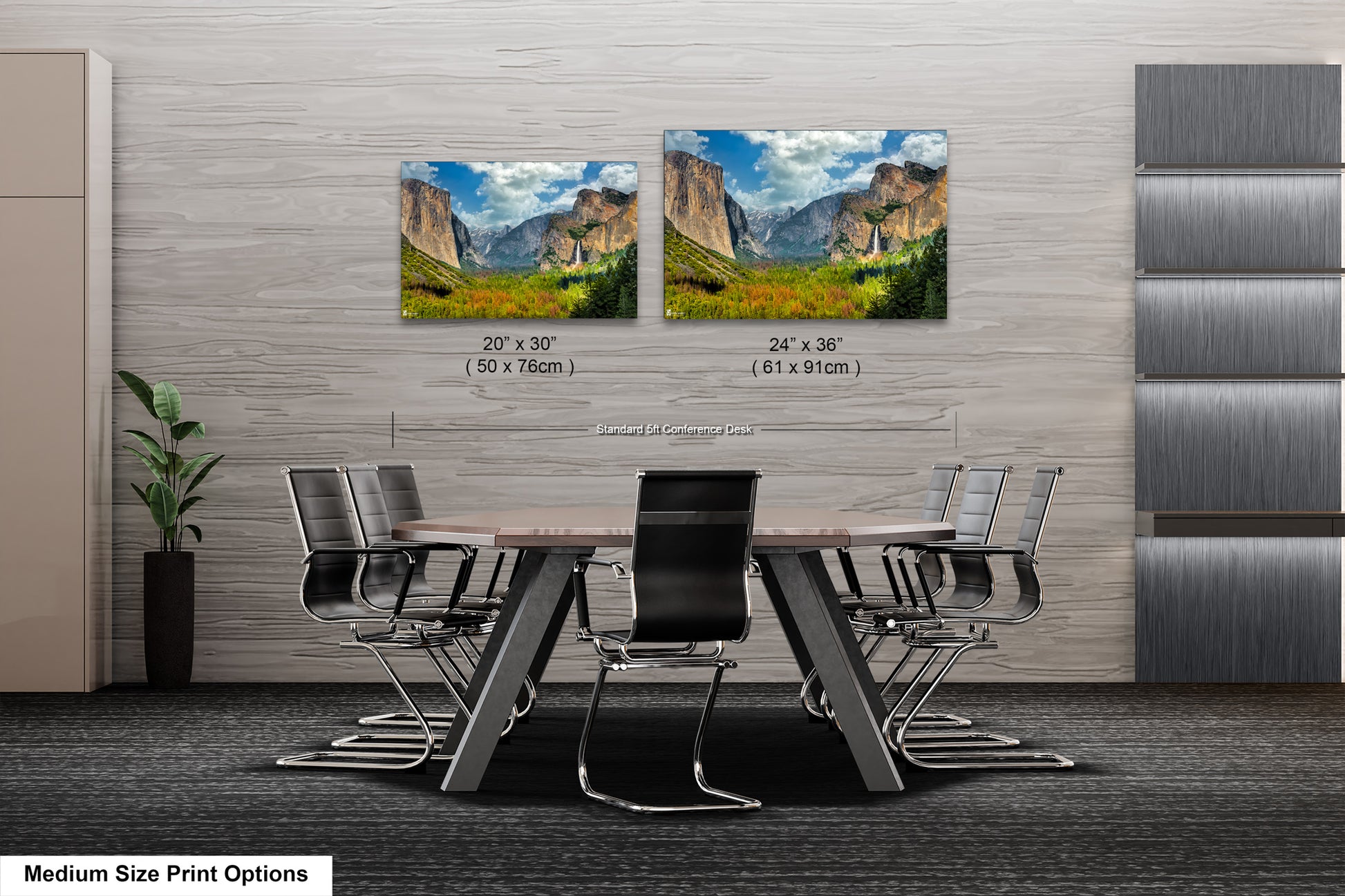 a dining room table with chairs and two pictures on the wall