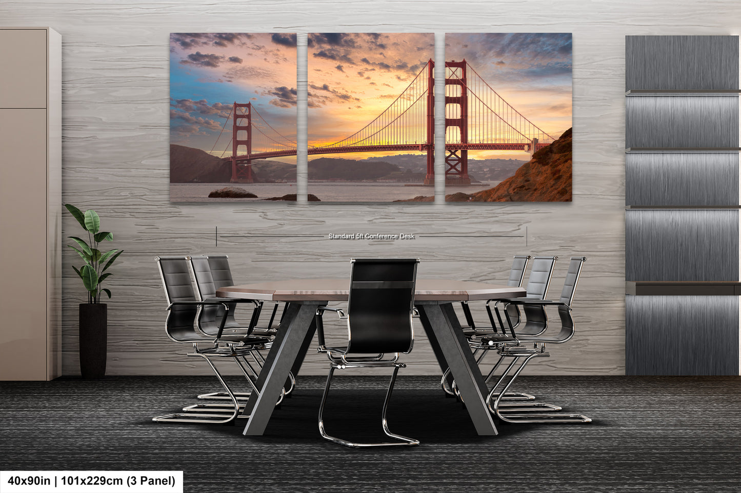 a dining room table with a view of the golden gate bridge