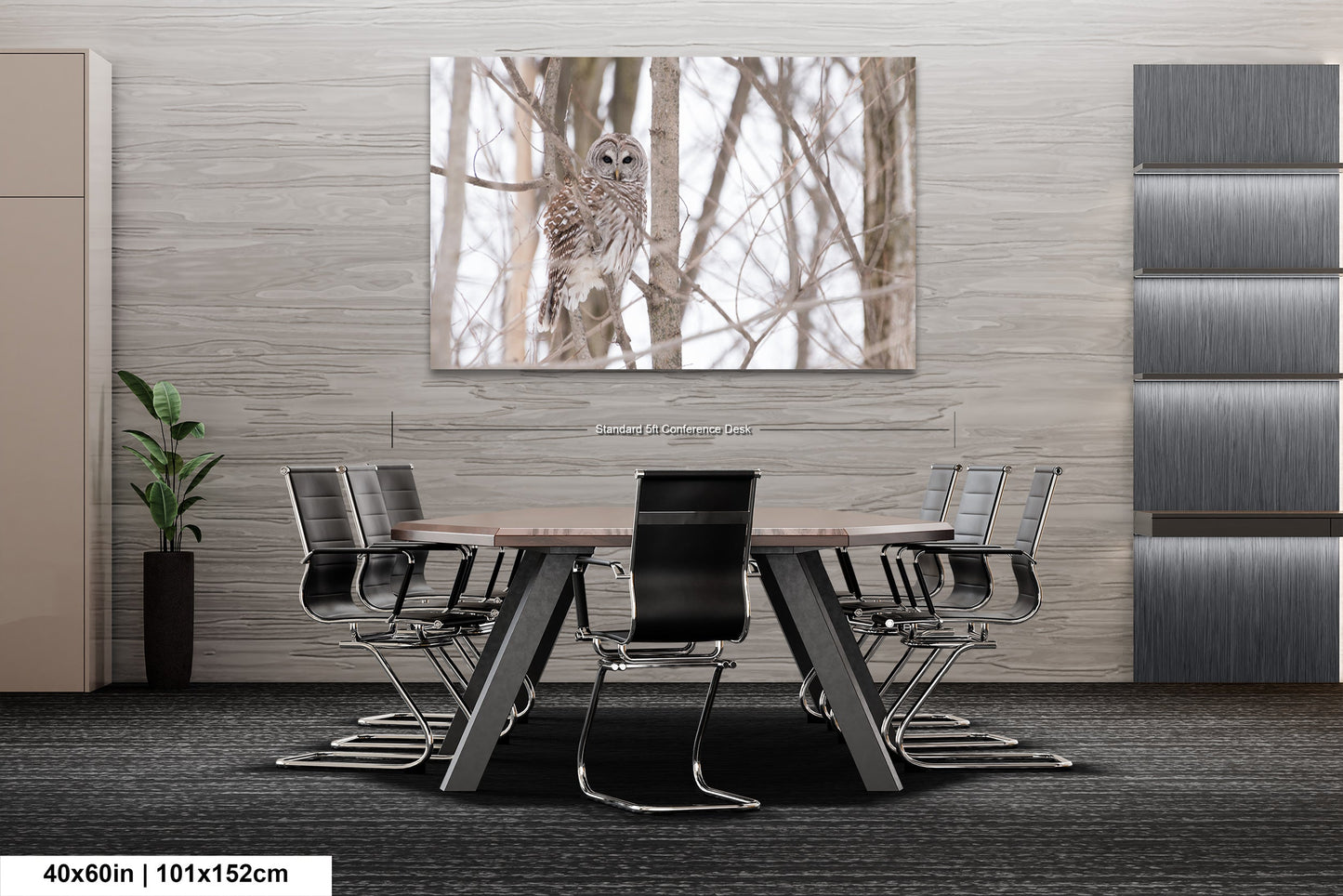 a dining room table with chairs and a picture of a owl
