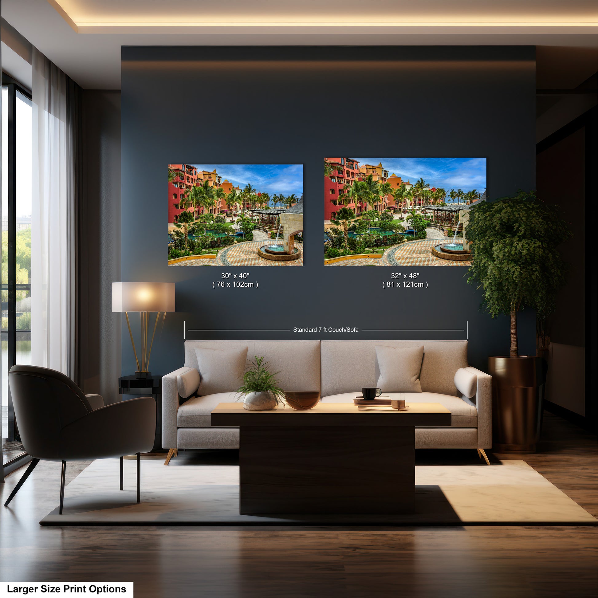 a living room filled with furniture and a painting on the wall
