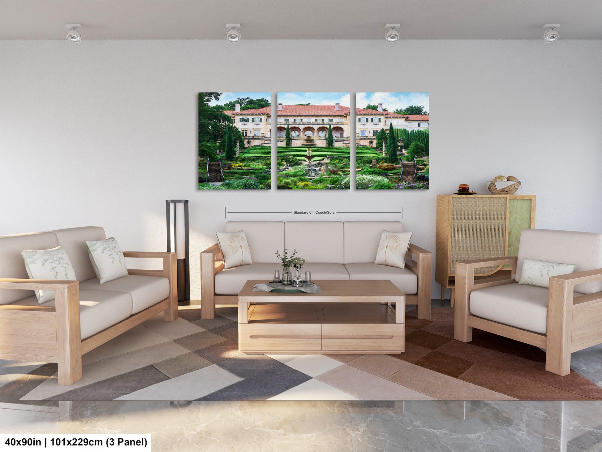 a living room filled with furniture and a painting on the wall