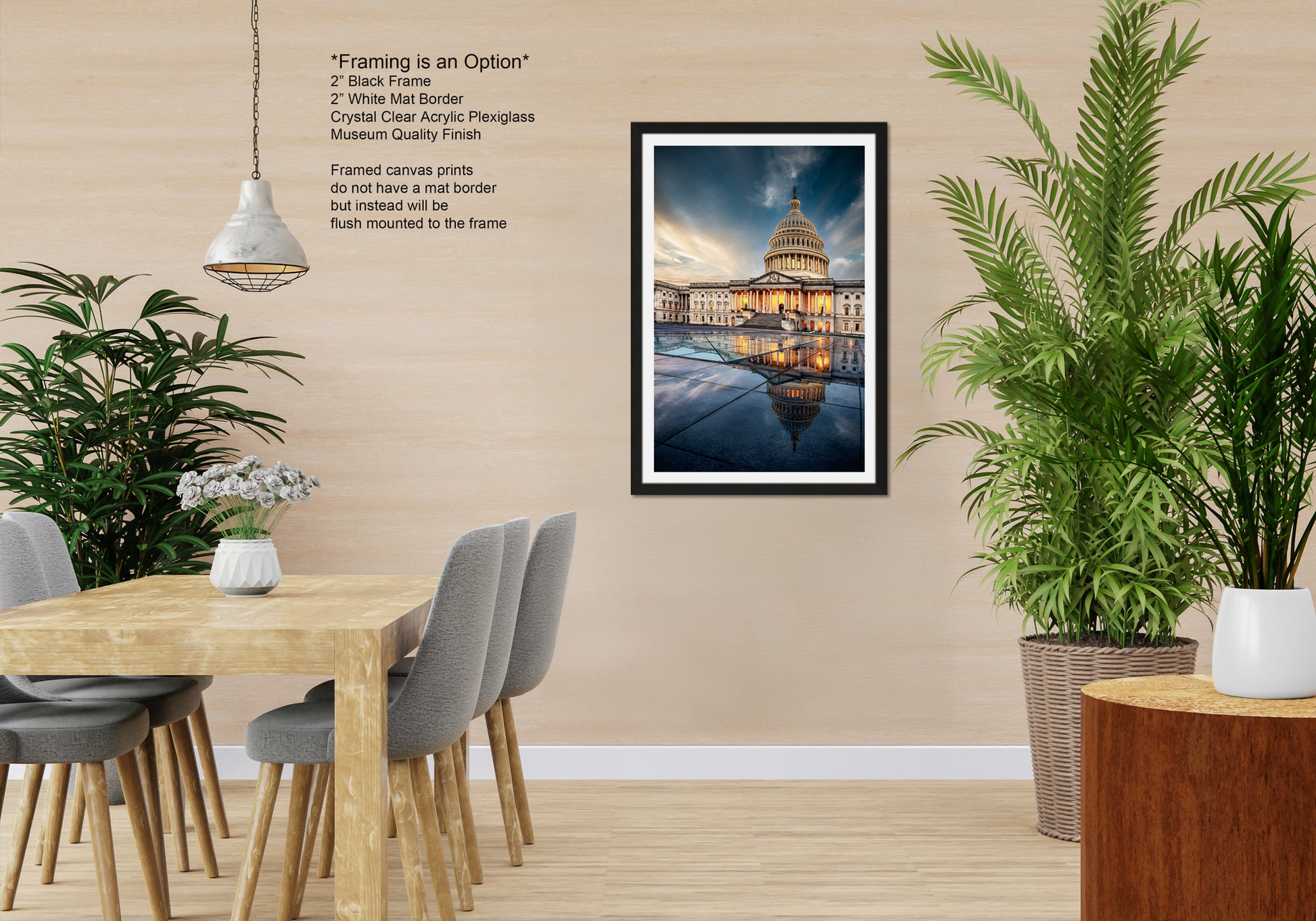 a room with a table and chairs and a picture hanging on the wall