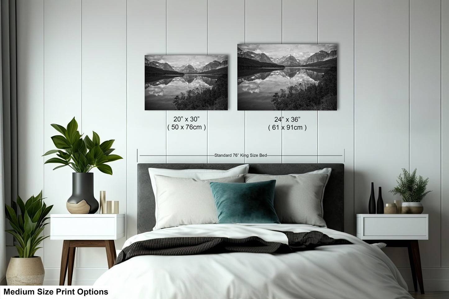 a bedroom with a bed, nightstands, and two pictures on the wall
