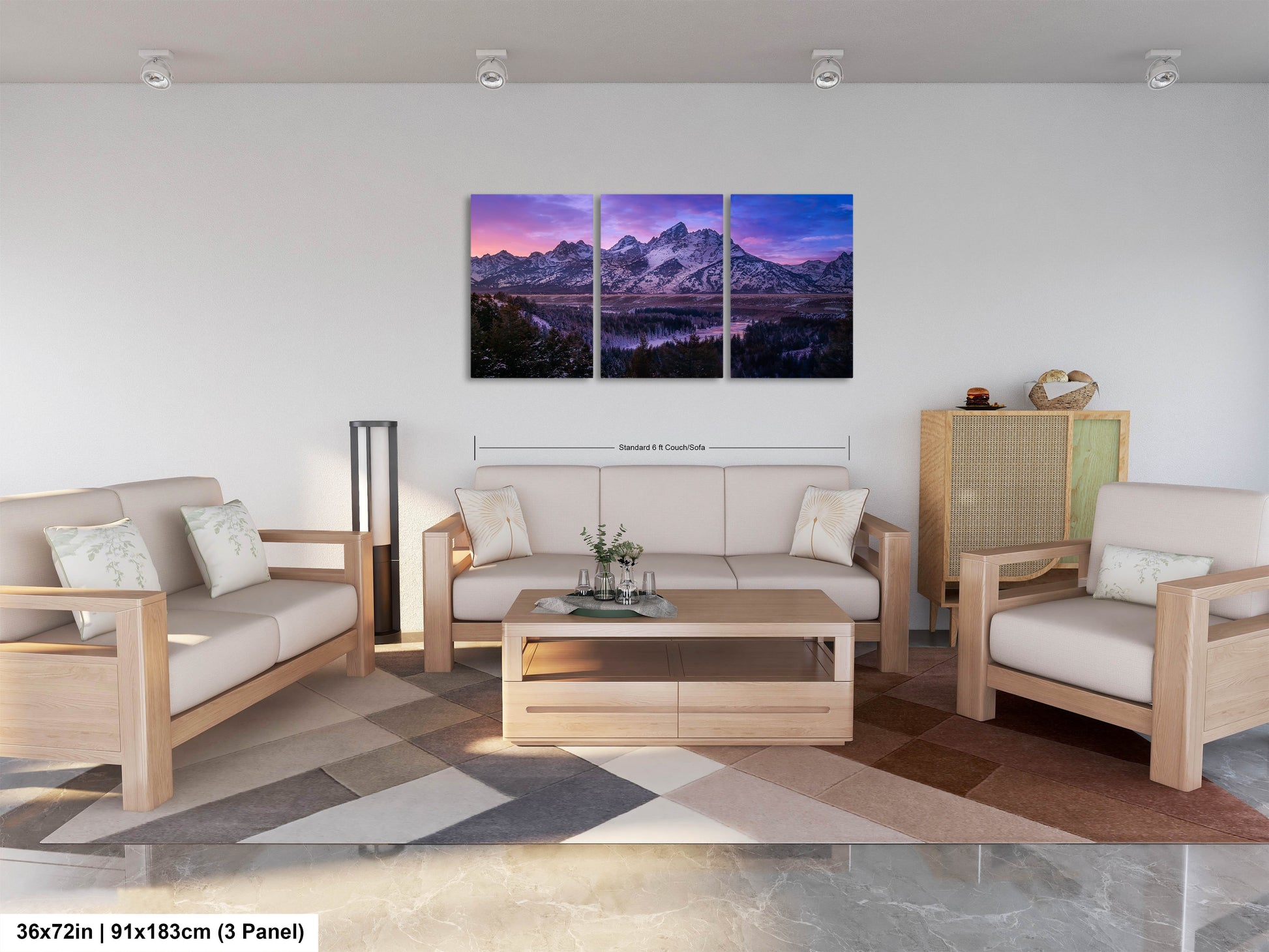 a living room filled with furniture and a painting on the wall
