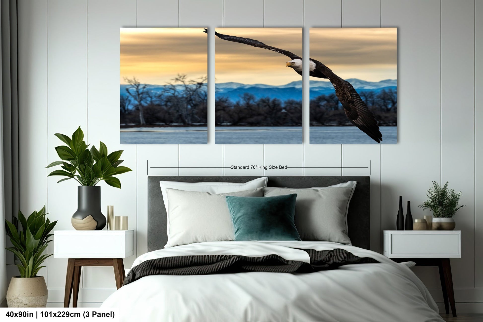 a large bird flying over a bed in a bedroom