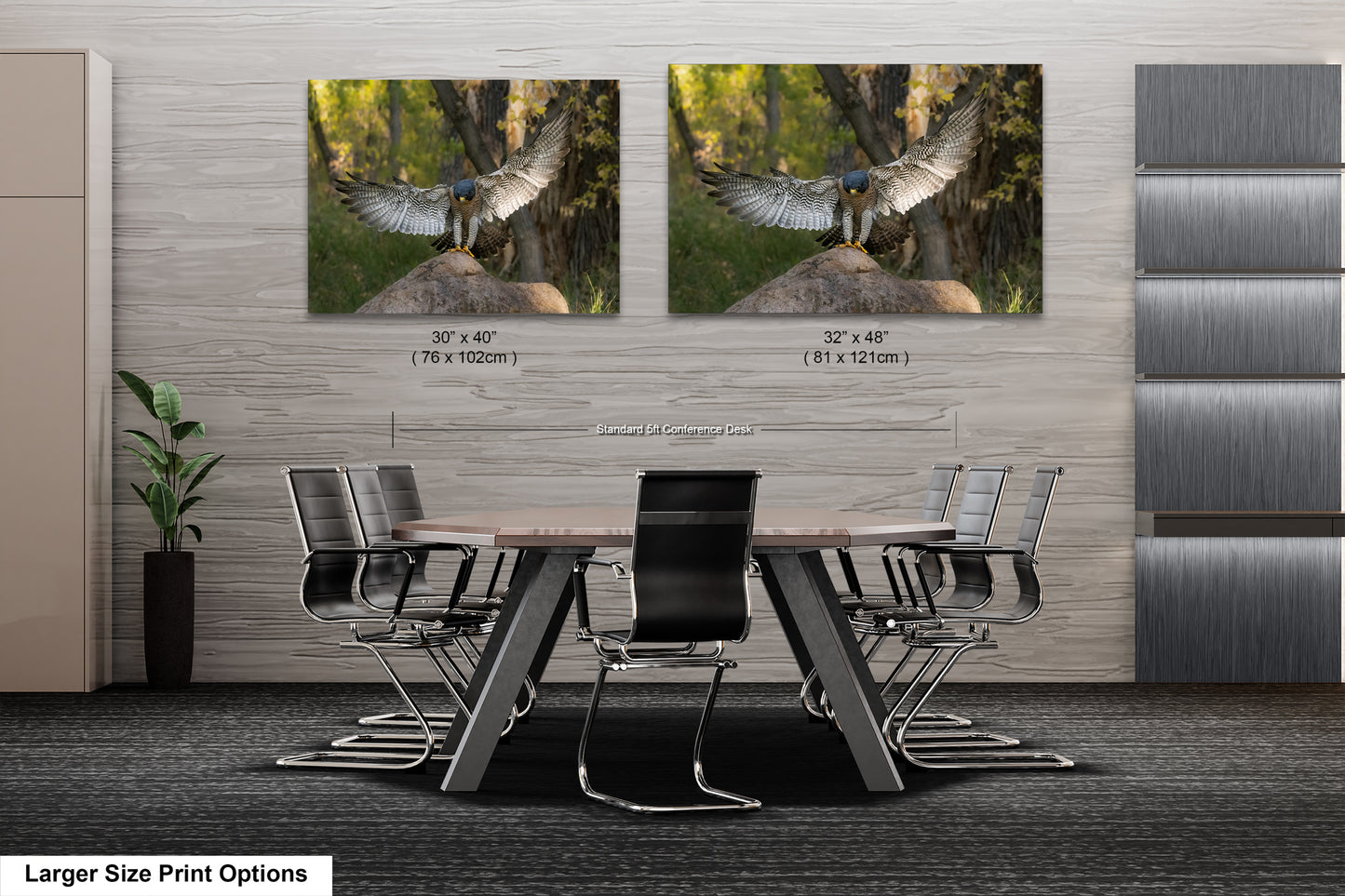 a modern office space with a large wooden table surrounded by black chairs. Two framed photographs of birds are displayed on the wall above the table, one of which shows a bird in flight.