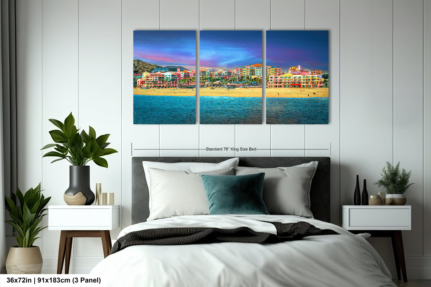 a bedroom with a large bed and a painting on the wall