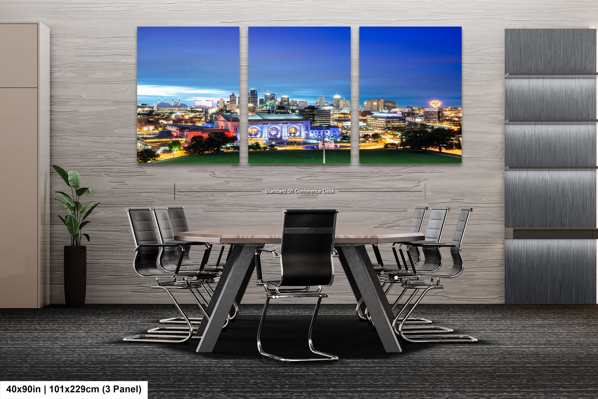 a dining room with a table and chairs with a city skyline in the background