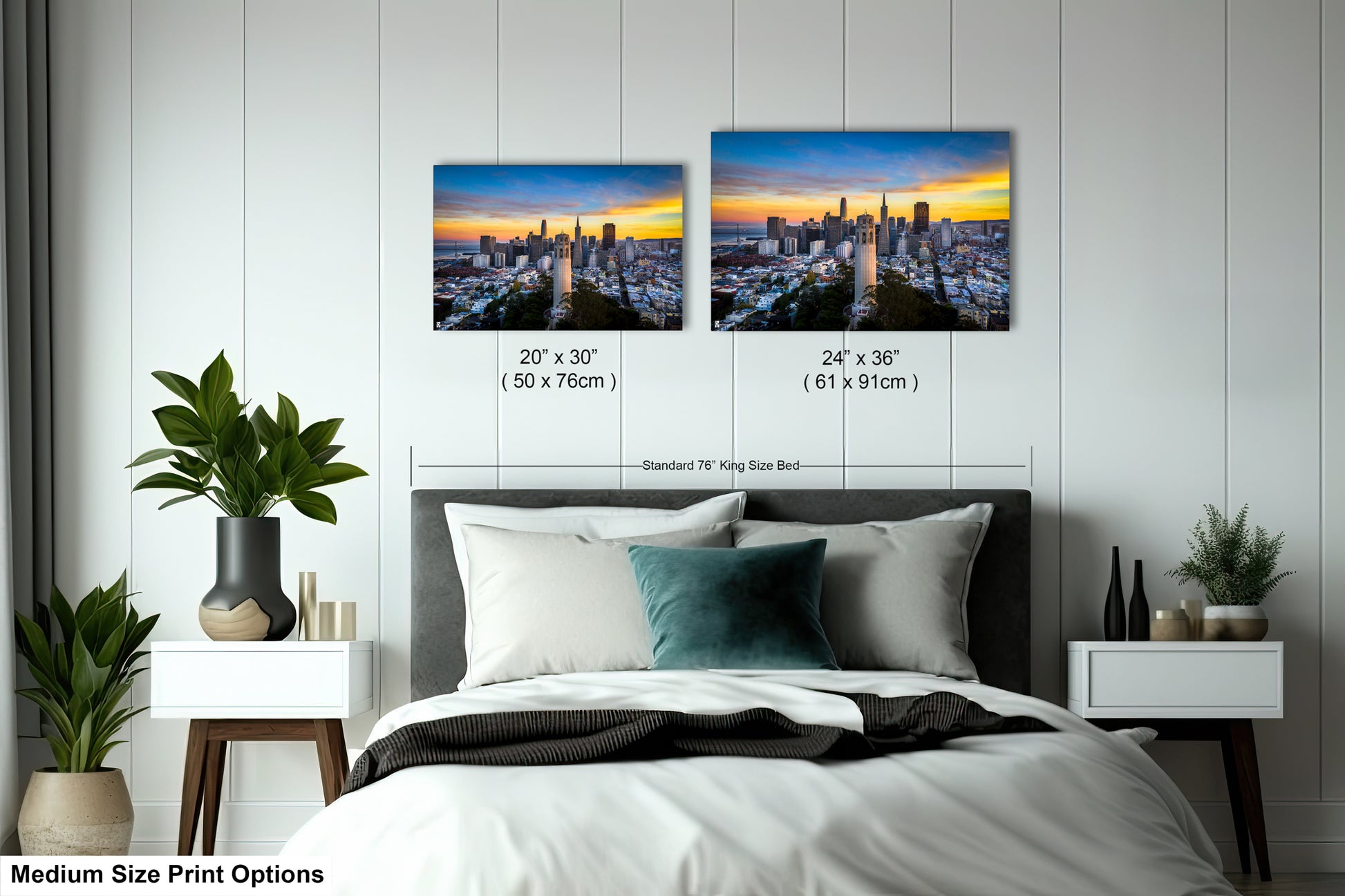 a bedroom with a bed and two pictures on the wall