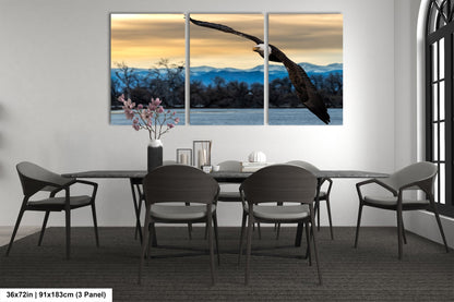 a dining room table with four chairs and a bird flying over it