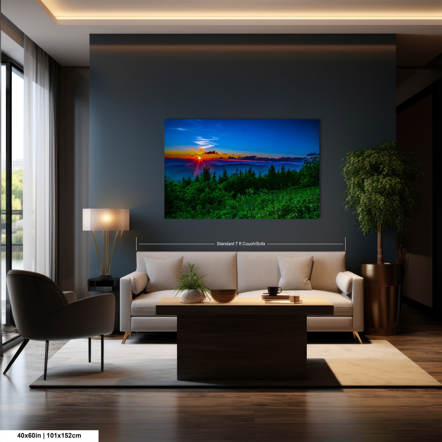 a living room with a large painting on the wall