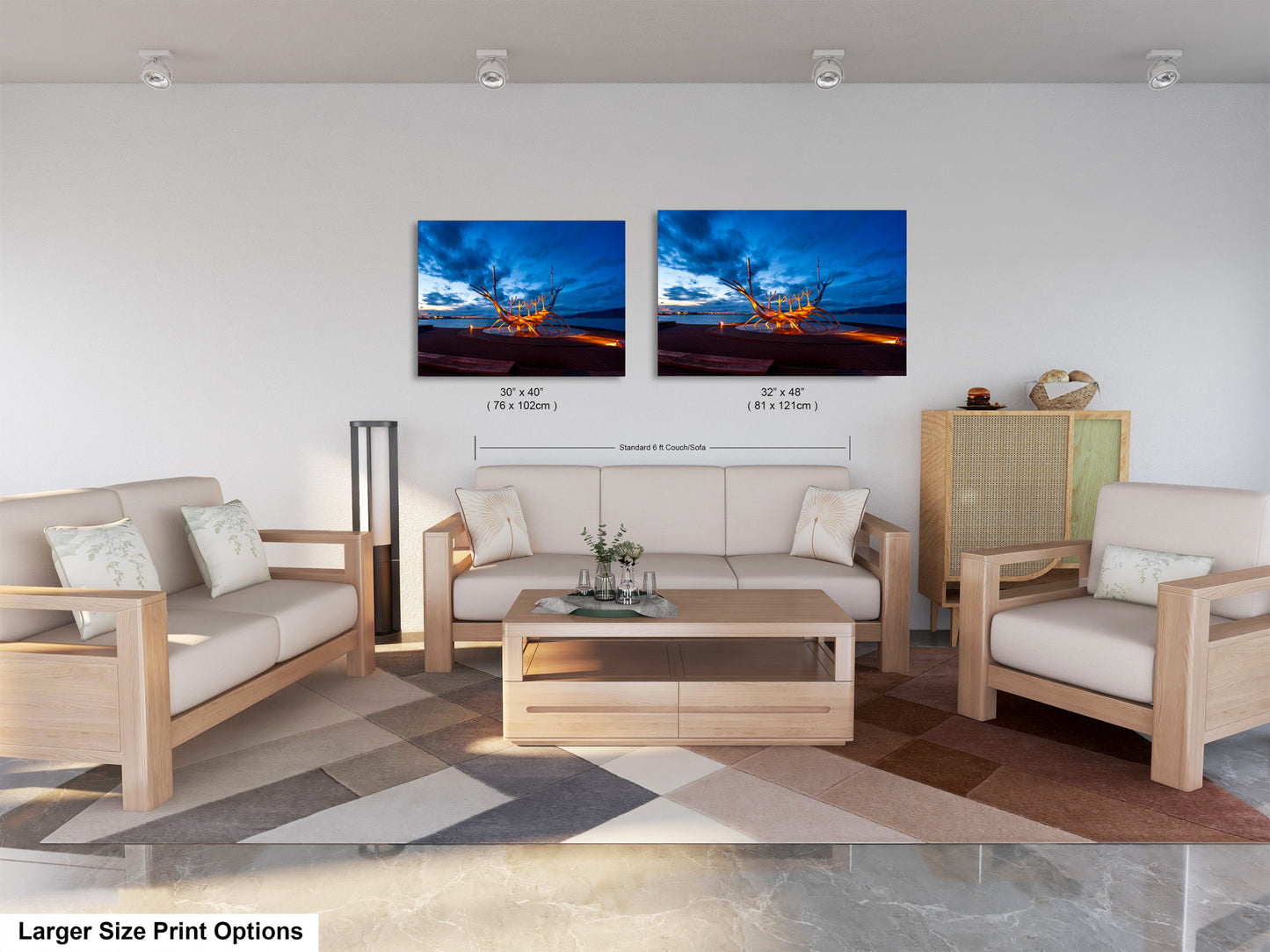 a living room filled with furniture and a painting on the wall