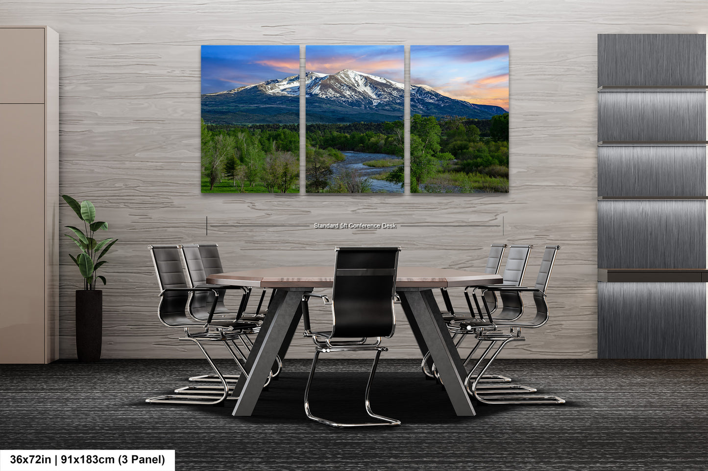 a dining room with a table and chairs with a mountain in the background