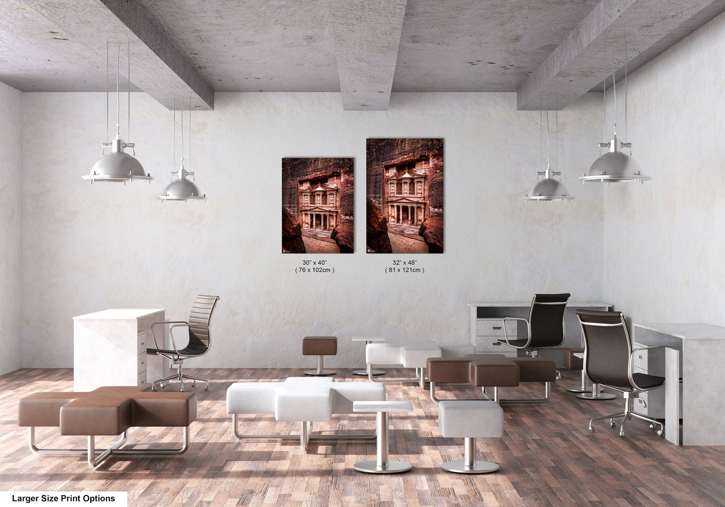 a room with two pictures hanging on the wall