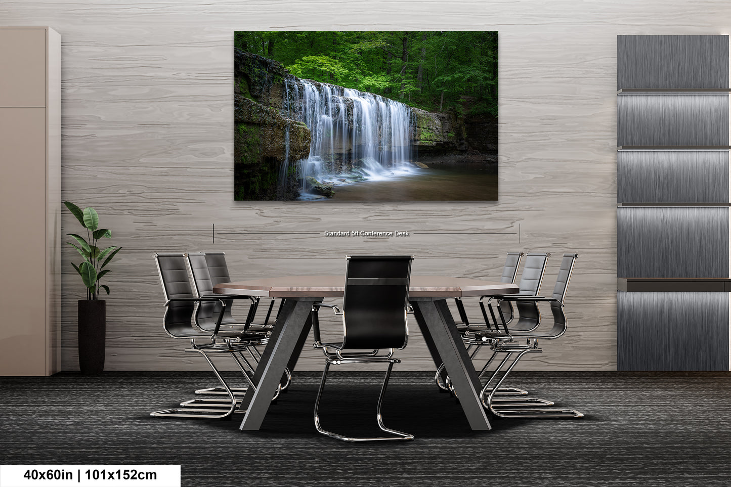 a dining room table with chairs and a painting of a waterfall