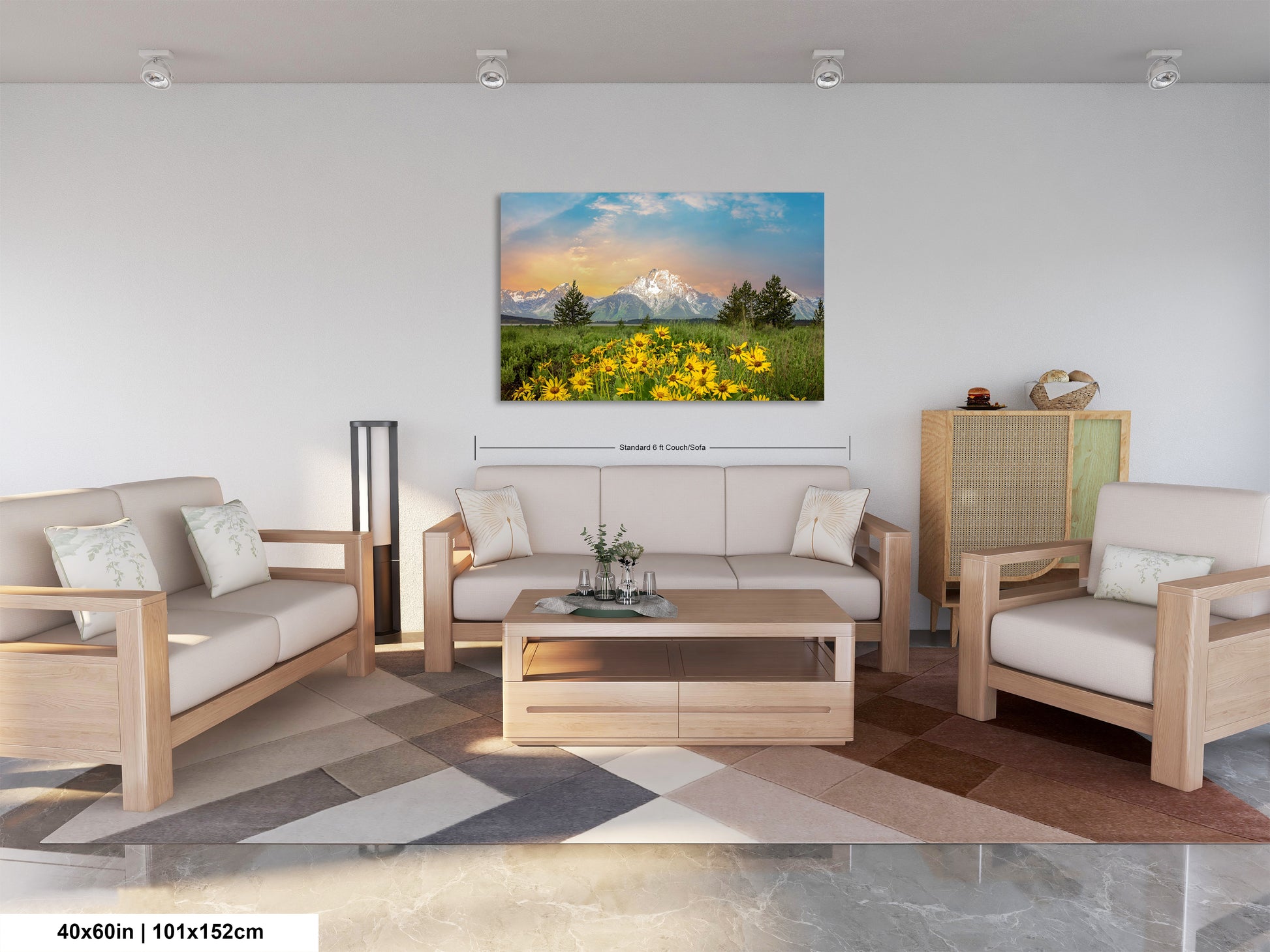 a living room filled with furniture and a painting on the wall