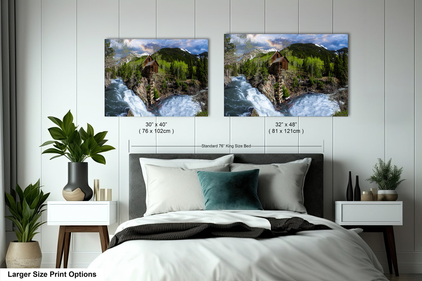 a bedroom with a bed and two pictures on the wall