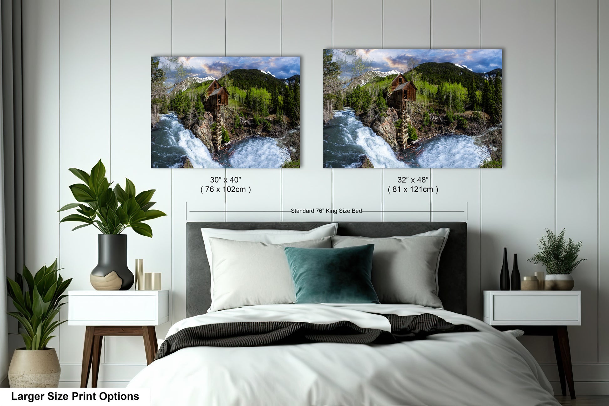 a bedroom with a bed and two pictures on the wall