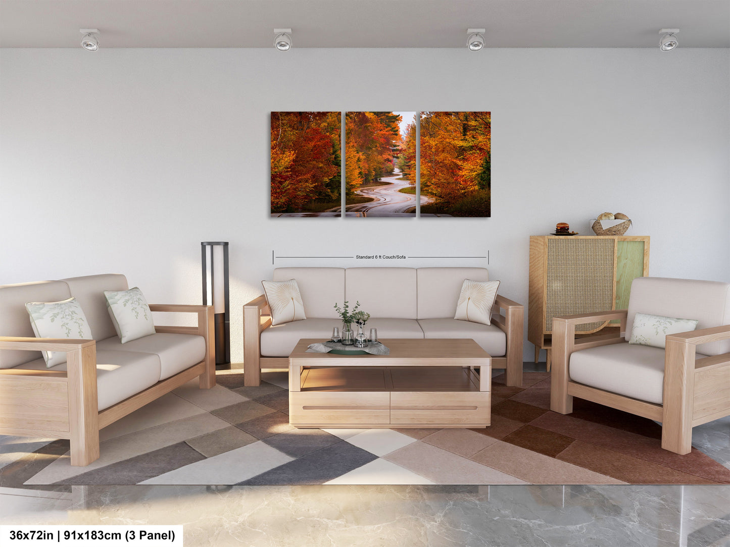 a living room filled with furniture and a painting on the wall
