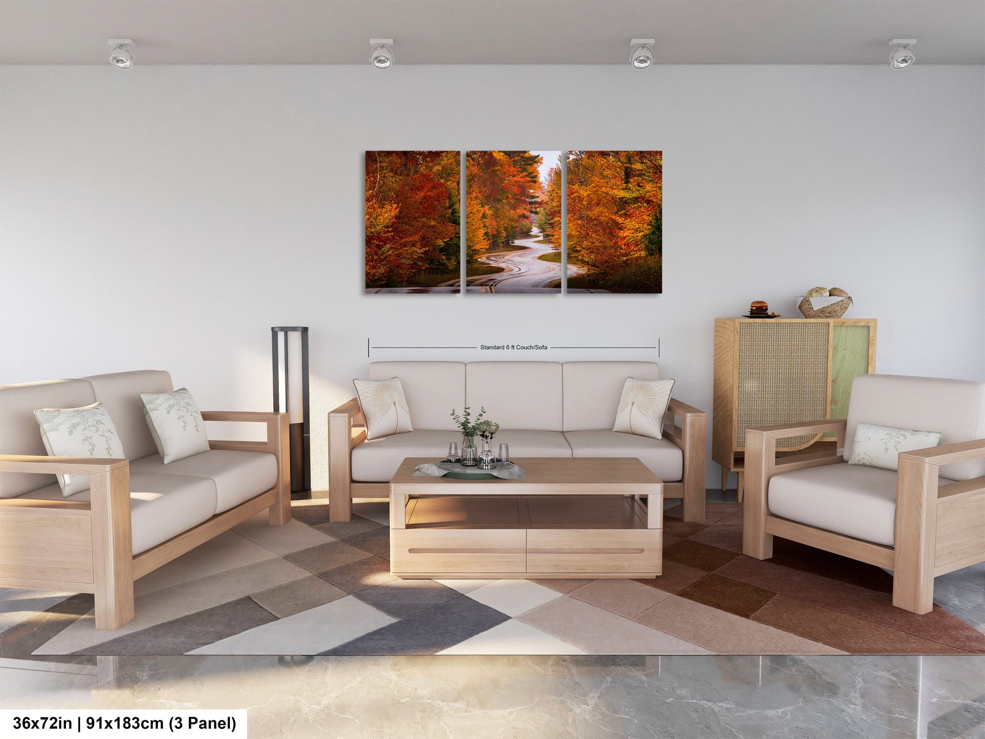 a living room filled with furniture and a painting on the wall